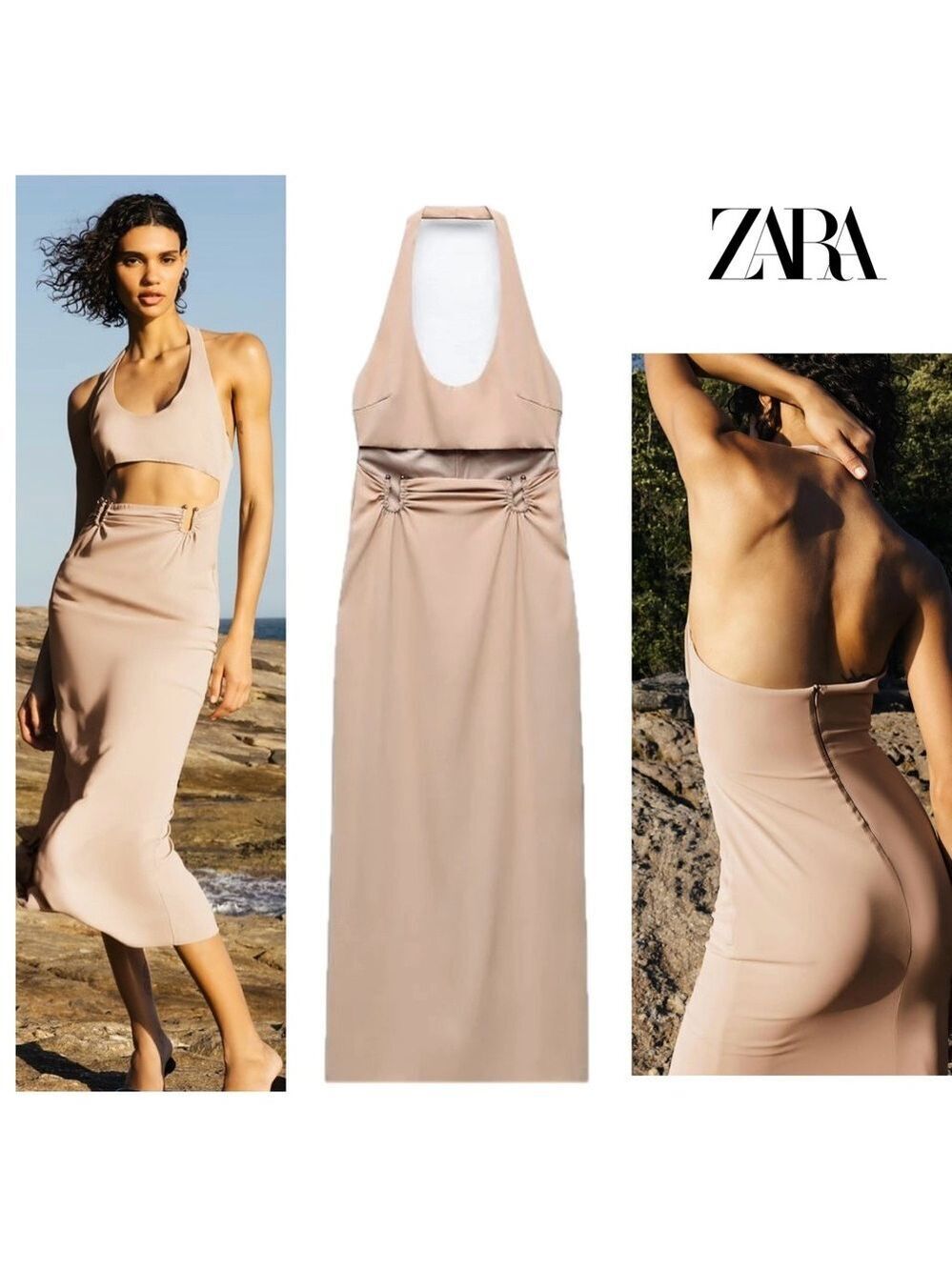 Zara beige cream cut-out halter top midi dress spring summer stretchy Sz M NWOT